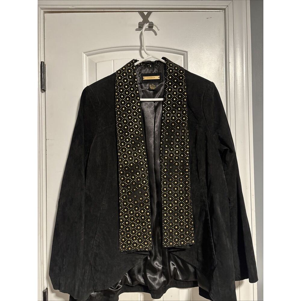 Iman Genuine Suede Leather Black Open Front‎ Laser Cut Jacket Size L